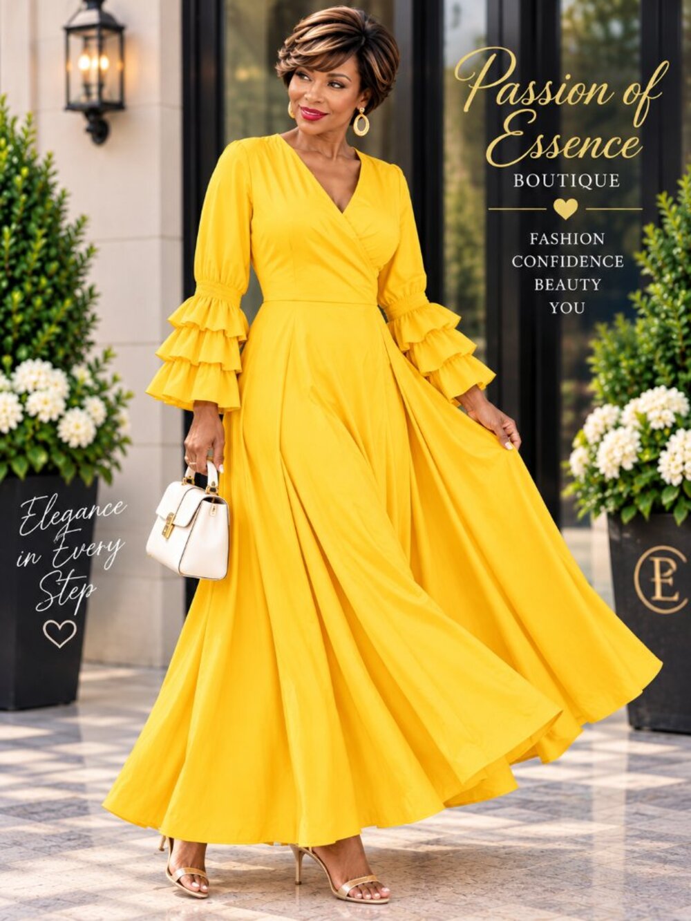 Yellow Wrap Maxi Dress Tiered Ruffle Sleeves One Size